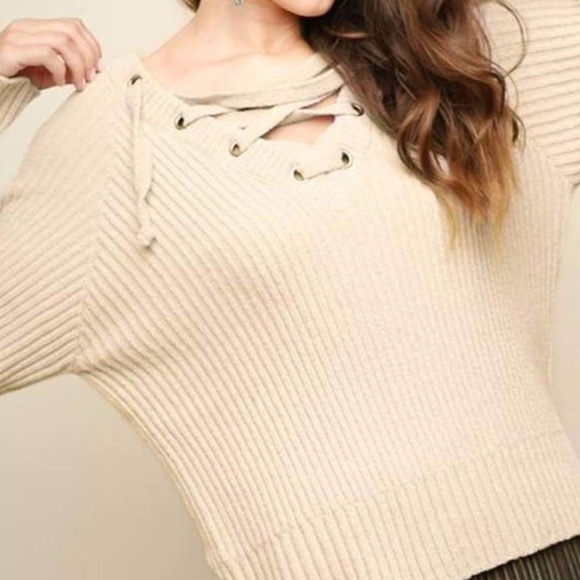 Umgee Chenille Lace Up Drawstring Sweater Cream S - Picture 1 of 10